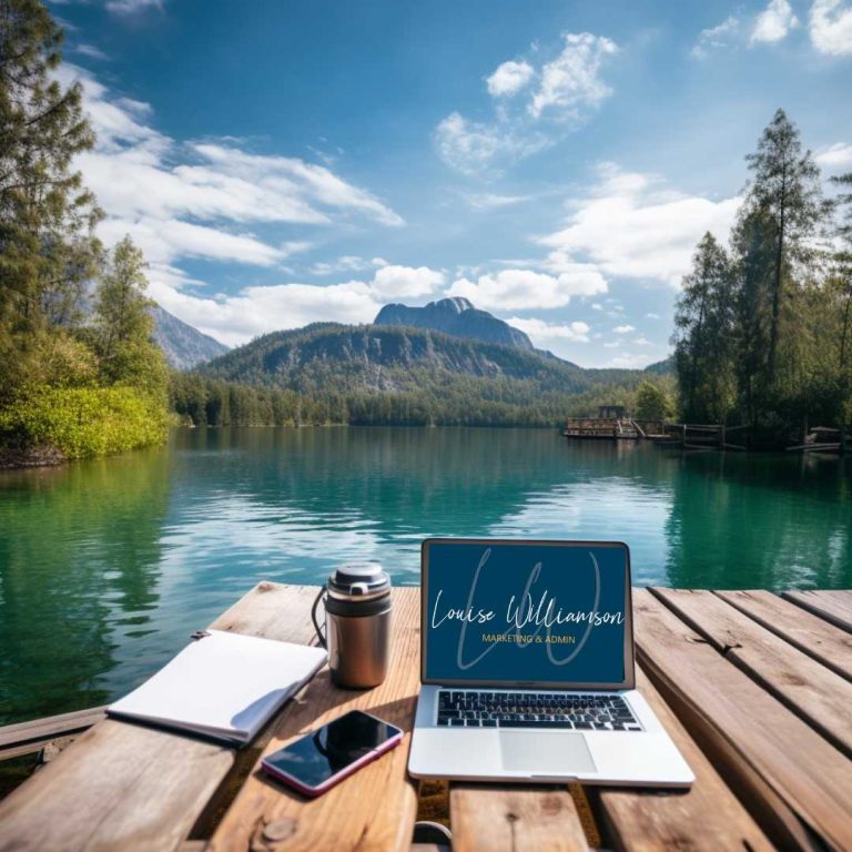 An A I generated image of a laptop on a jetty by a lake, with trees and mountains in the background